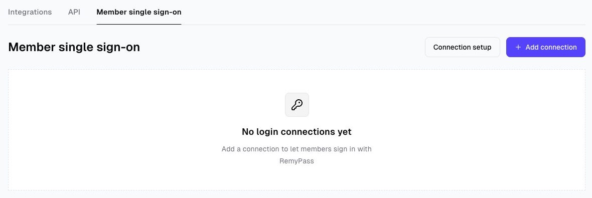 Member single sign-on tab with Connection setup and Add connection buttons
